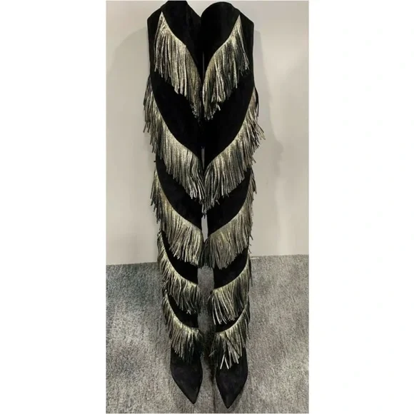 Christian Louboutin Bolcheva Black and Gold Fringe thigh high Boots 40EU/(9) NEW - Picture 6 of 11